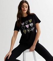 New Look Black Heart Animal Print Metallic Love Logo T-Shirt
